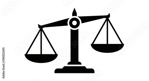 Simple black scales of justice icon, symbolizing balance and equality, isolated white background.
