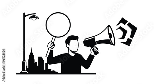 A person is holding a megaphone and a blank circular sign in front of a city skyline and a street lamp.