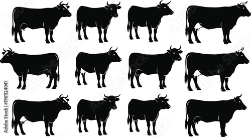 Black cow silhouette vector illustration set with twelve animals arranged in rows, side profile design, farm livestock icons, simple pattern artwork on white background