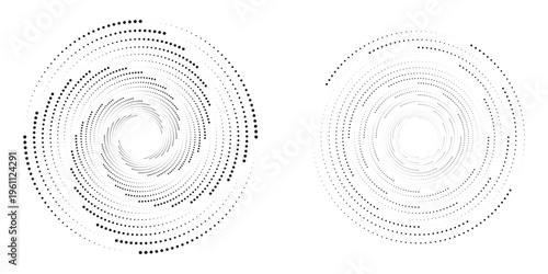 Halftone circular spiral logo set. Circular dotted isolated on the white background. Halftone fabric design.Halftone circle dots texture. Vector design element for various purposes.
