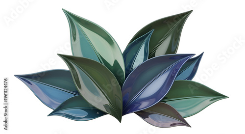Glossy ceramic leaves in teal and green hues, decorative porcelain leaf sculpture, modern botanical wall art element isolated on white background