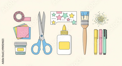 Colorful art supplies arranged on a beige background including scissors glue markers and paintbrushes for creative projects and crafts
