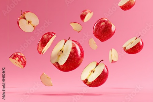 Sliced and whole red apples cascade against a soft pink background
