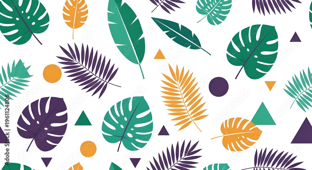 Tropical seamless pattern with exotic palm leaves, colorful jungle foliage background, geometric shapes with monstera and banana leaf illustrations isolated on White Background
