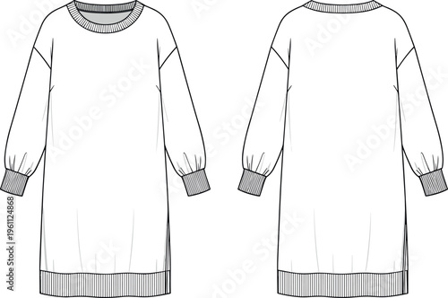 Women Oversized Crew Neck Long Sleeve Sweatshirt Dress Vector Technical Flat Sketch with Drop Shoulder Ribbed Cuffs and Hem Detail