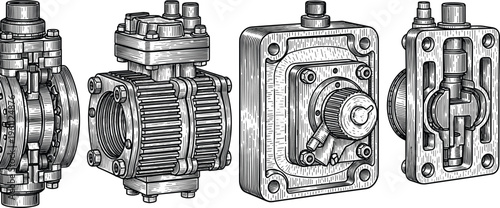 Detailed technical vector illustration of industrial pumps and valves with mechanical components, precision engineering design, fluid control systems, bolts, flanges, housings, and shafts