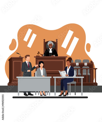 Diverse legal professionals engage in serious courtroom proceedings before a presiding judge