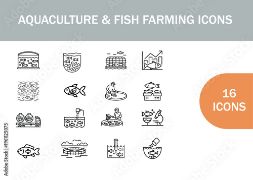 A set of sixteen line icons representing various aspects of aquaculture and fish farming.