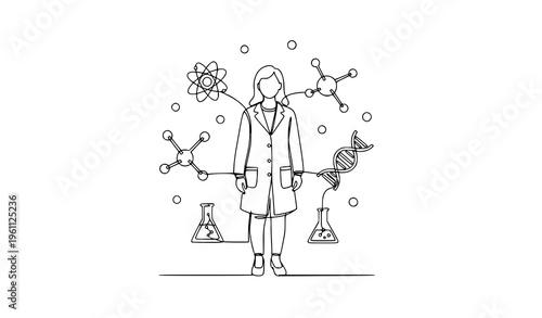 Continuous line drawing female scientist with science symbols women in STEM research knowledge concept vector