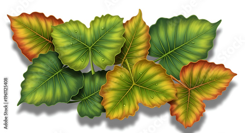 Autumn leaves illustration with green and yellow foliage, decorative fall leaf border design, botanical element for seasonal greeting cards