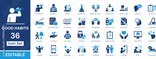 Good Habits 36 Fill Icon Set. Lifestyle, wellness, health, productivity, self care, fitness, meditation, hydration, nutrition, digital detox, savings and daily routine vector icons. UI, UX, app, web, 