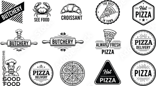 Collection of Food Logos Featuring Pizza, Butchery, Croissant, and Delivery Icons in Black and White Style