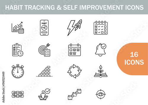 Habit tracking and self improvement icons displayed in a linear minimalist style