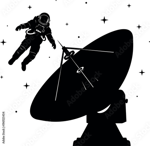 Astronaut floating near large satellite dish in space illustration
