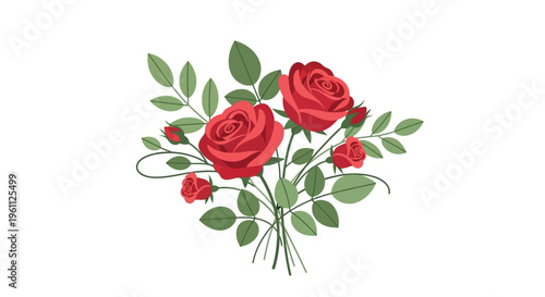 A vibrant bouquet of roses and green leaves on a table indoors