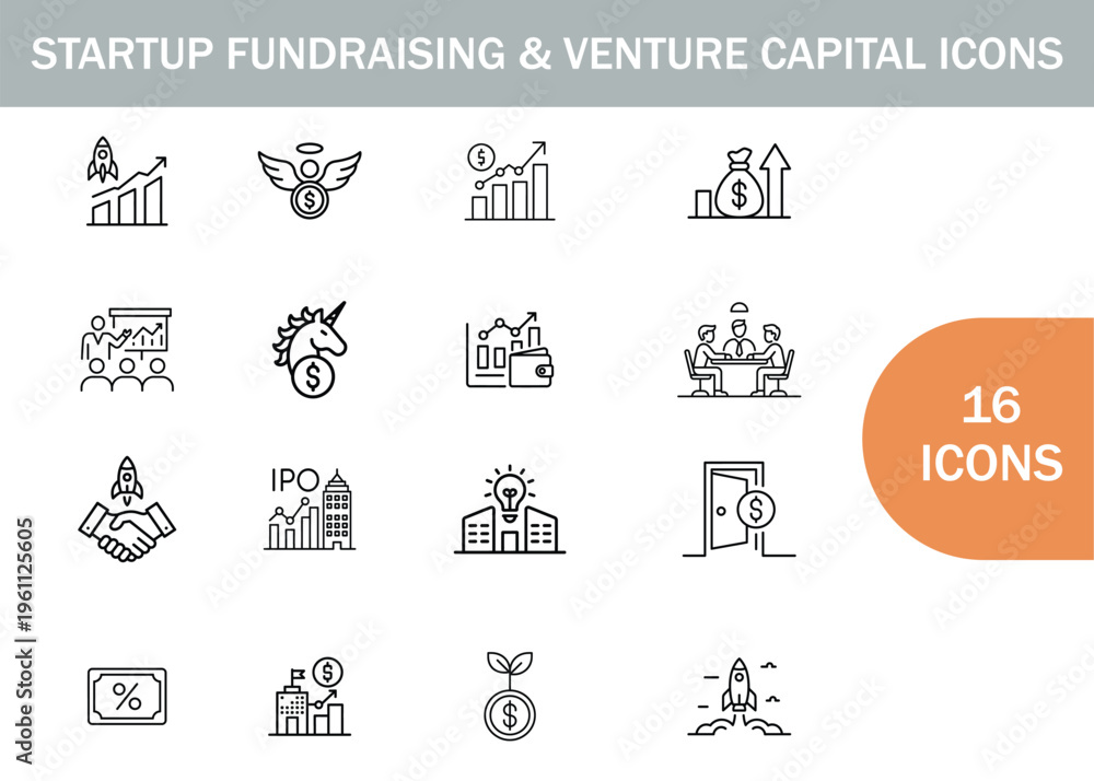 Fototapeta premium Startup fundraising and venture capital icons collection in a linear style