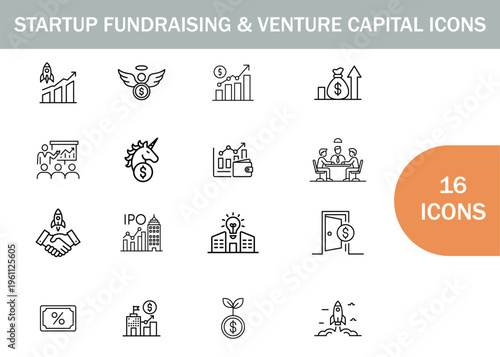 Startup fundraising and venture capital icons collection in a linear style