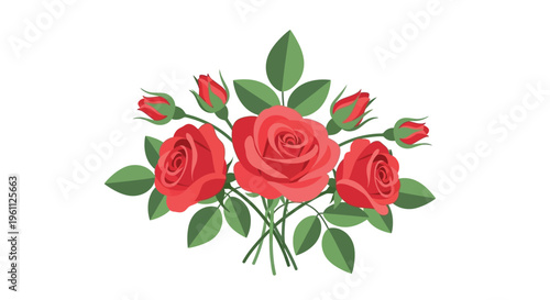 Vibrant red roses bouquet arrangement with green leaves and buds illustration