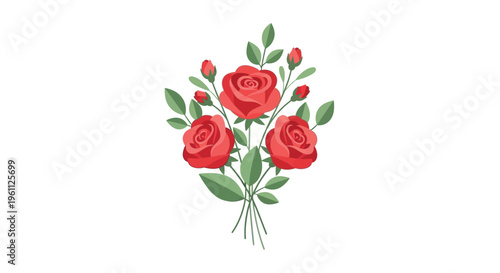 A bouquet of roses with green leaves and red buds stands in a vase on a table indoors.