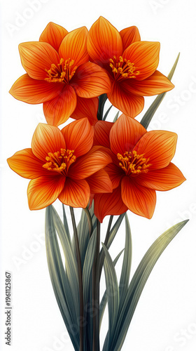 Captivating Arrangement of Radiant Orange Petal Flowers with Golden Stamens and Graceful Green Foliage in Stylized Botanical Illustration on Pristine White Background