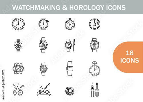 Watchmaking and horology icons set clocks tools and watch components