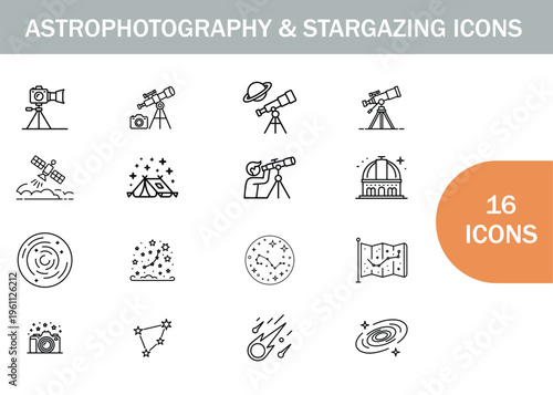 Astrophotography and stargazing icons cameras telescopes planets and celestial objects