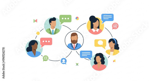 Diverse group of people communicating in a circle with speech bubbles conveying teamwork and collaboration