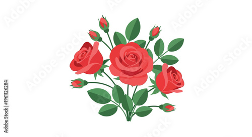 A beautiful bouquet of roses flowers blooms in garden with green leaves and buds