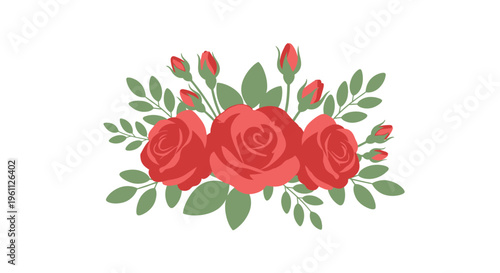 Vibrant red roses arrangement with lush green leaves and buds illustration