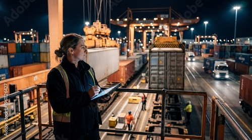 Woman Overseeing Nighttime Shipping Container Operations at a Busy Port.
