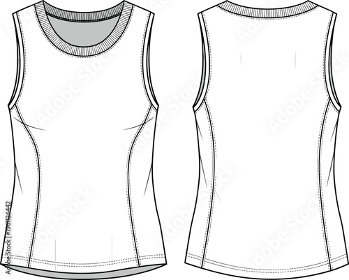 Women Sleeveless Performance Tank Top Technical Fashion Illustration with Crew Neck and Side Seam Panels for Activewear Flat Apparel Sketch