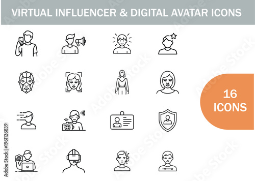 Line art icons representing virtual influencers and digital avatars for modern technology