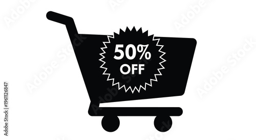 Shopping cart displaying a fifty percent off sale black silhouette