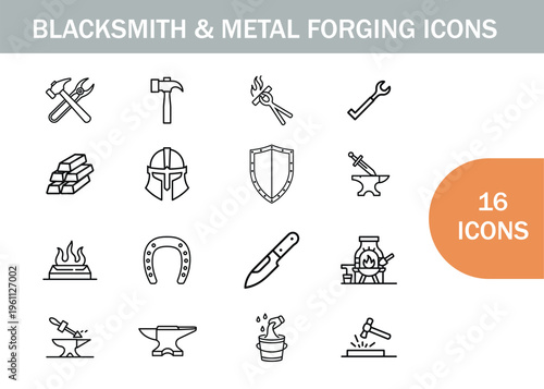 Blacksmithing and metal forging icons hammers armor tools and related objects