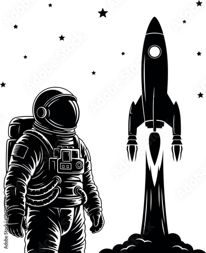 Astronaut standing next to a launching rocket in space illustration