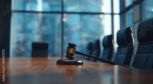 A gavel sits on a polished wooden table in a modern conference room