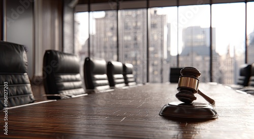 Law office conference room with gavel on polished table, city view