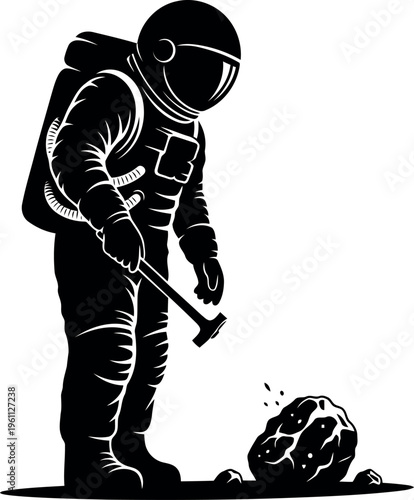 Astronaut holding hammer next to a space rock illustration