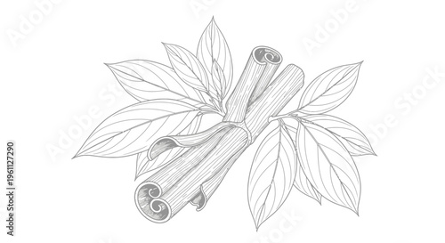 Cinnamon sticks with green leaves.
