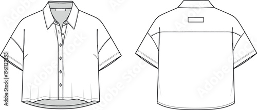 Women's Short Sleeve Cropped Button Up Shirt Technical Flat Sketch Vector Illustration with Drop Shoulder Detail and Back Yoke Seam