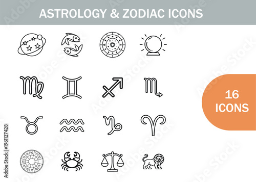 Astrology and zodiac icon set featuring symbols for signs and celestial elements