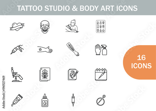 Tattoo studio and body art icons collection line art illustrations