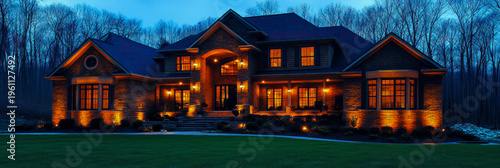 Magnificent stone mansion illuminated at twilight, featuring warm interior lights glowing from windows and exterior landscape lighting highlighting facade and garden, set against backdrop of dark, sil