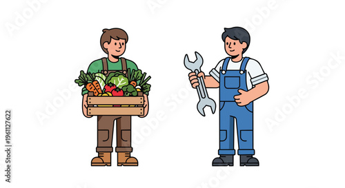 Flat 2D cartoon illustration of a farmer holding a crate of vegetables and a worker with a wrench on Labor Day, depicting professionals and workers in a simple style.