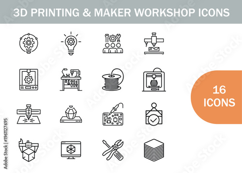 3d printing and maker workshop icons collection in a linear style
