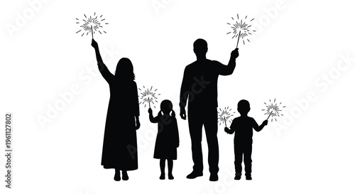 Family celebrating with sparklers against a white background silhouette