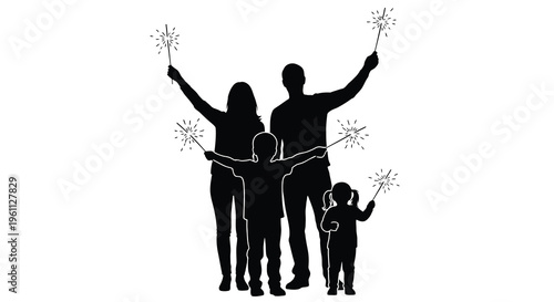 Family celebrating with sparklers a striking black silhouette