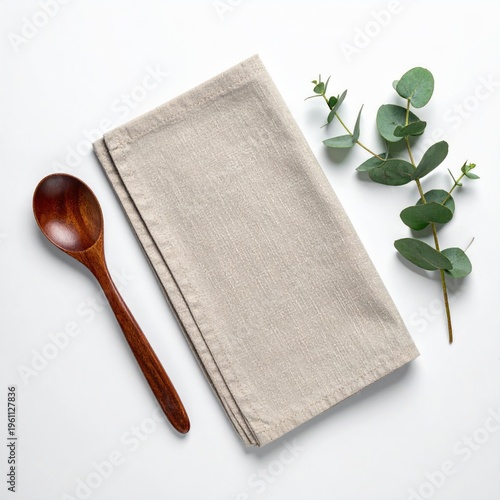 Wooden spoon, folded napkin, and eucalyptus on a clean white surface