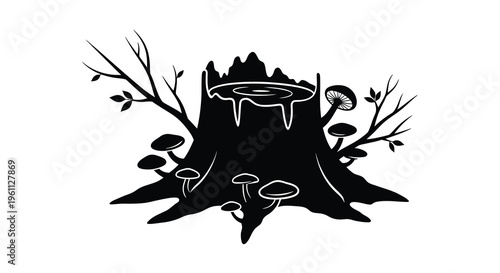 A dark tree stump with mushrooms depicted in black silhouette