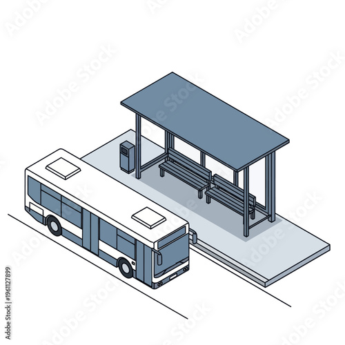 Isometric Bus and Bus Stop Illustration with Clean Lines.